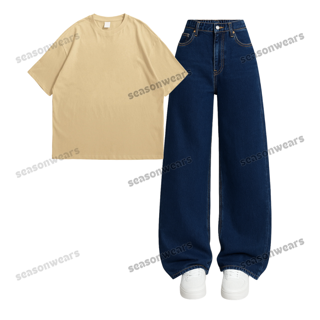 Oversized Drop Shoulder Tee With Darkblue Wide Leg Jeans