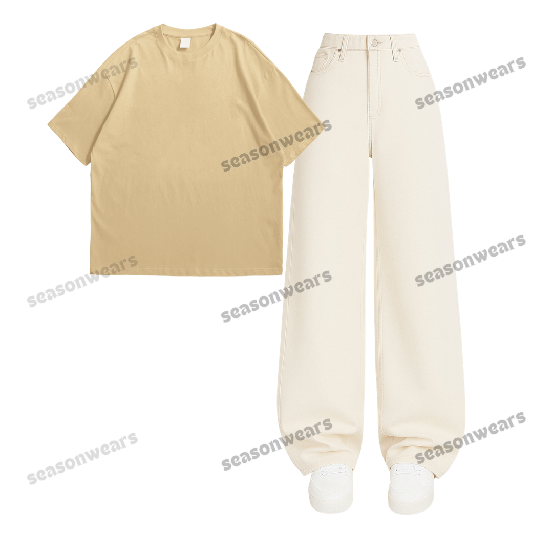Oversized Drop Shoulder Tee With Beige Wide Leg Jeans