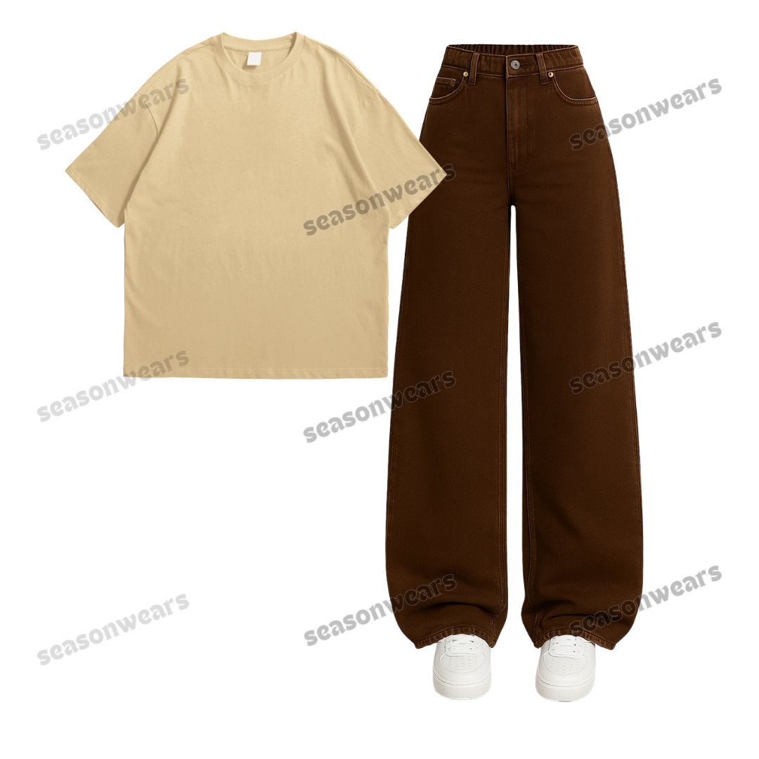 Oversized Drop Shoulder Tee With Brown Wide Leg Jeans