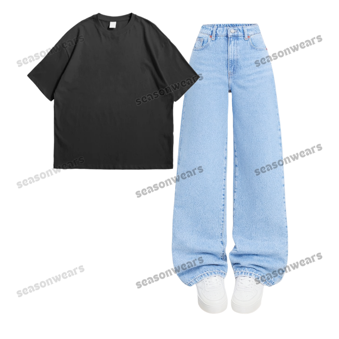 Oversized Drop Shoulder Tee With Iceblue Wide Leg Jeans