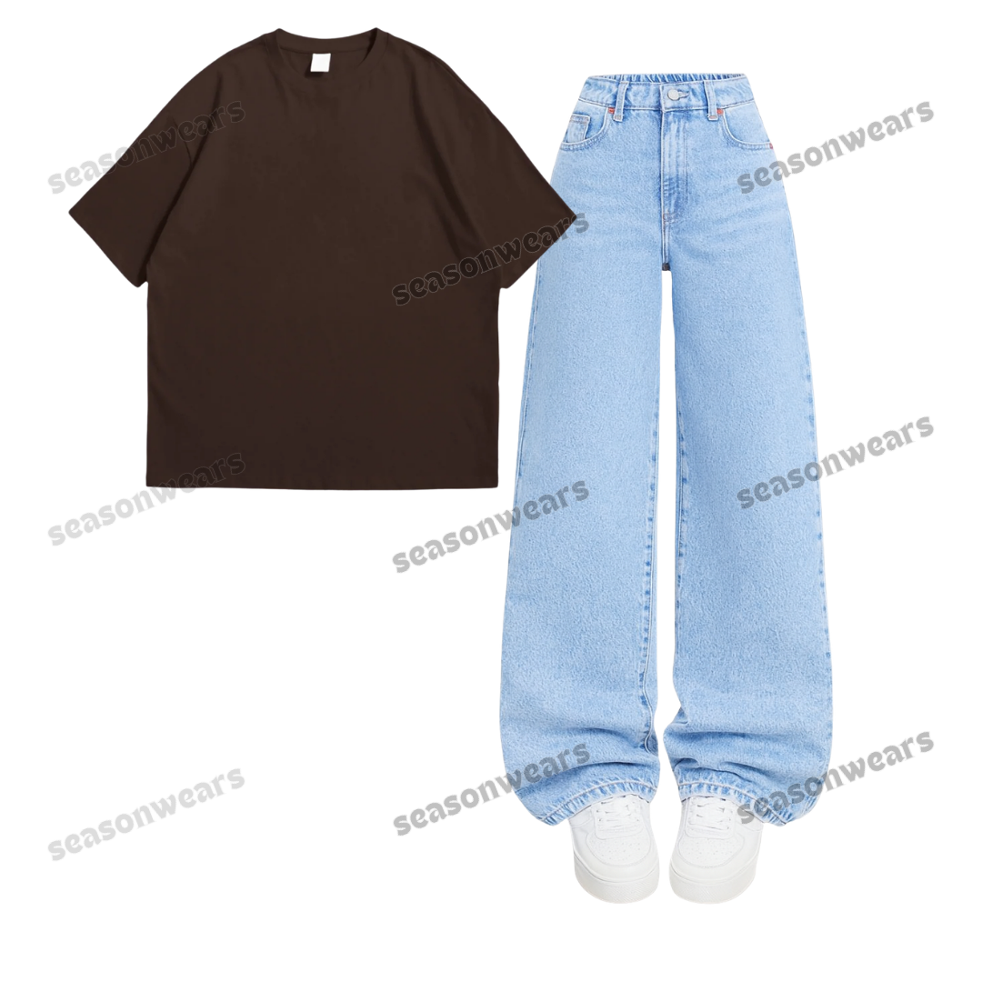 Oversized Drop Shoulder Tee With Iceblue Wide Leg Jeans