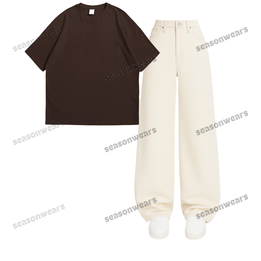 Oversized Drop Shoulder Tee With Beige Wide Leg Jeans