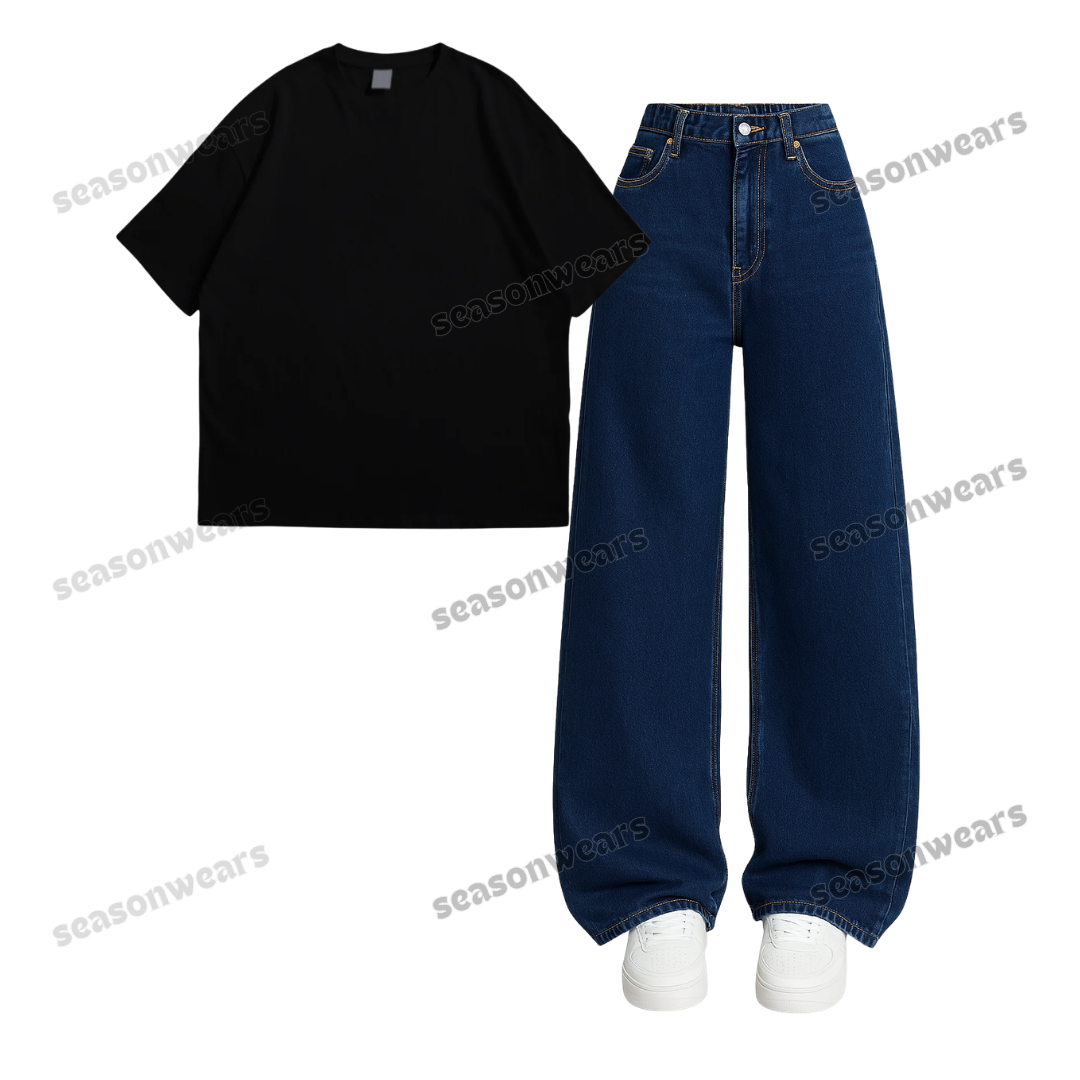 Oversized Drop Shoulder Tee With Darkblue Wide Leg Jeans