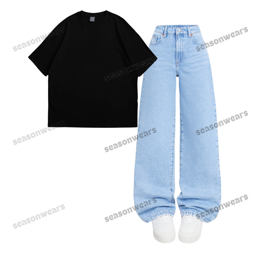 Oversized Drop Shoulder Tee With Iceblue Wide Leg Jeans