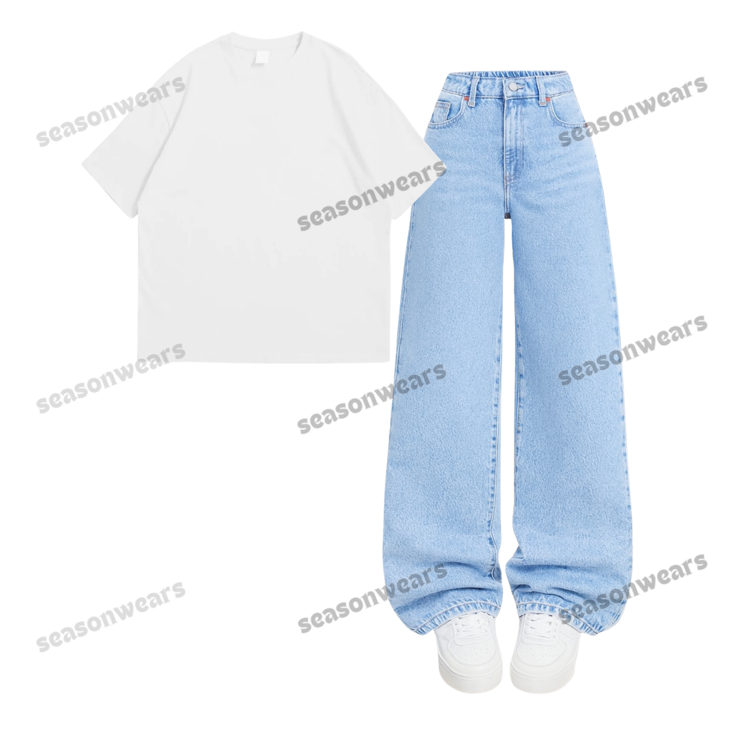 Oversized Drop Shoulder Tee With Iceblue Wide Leg Jeans