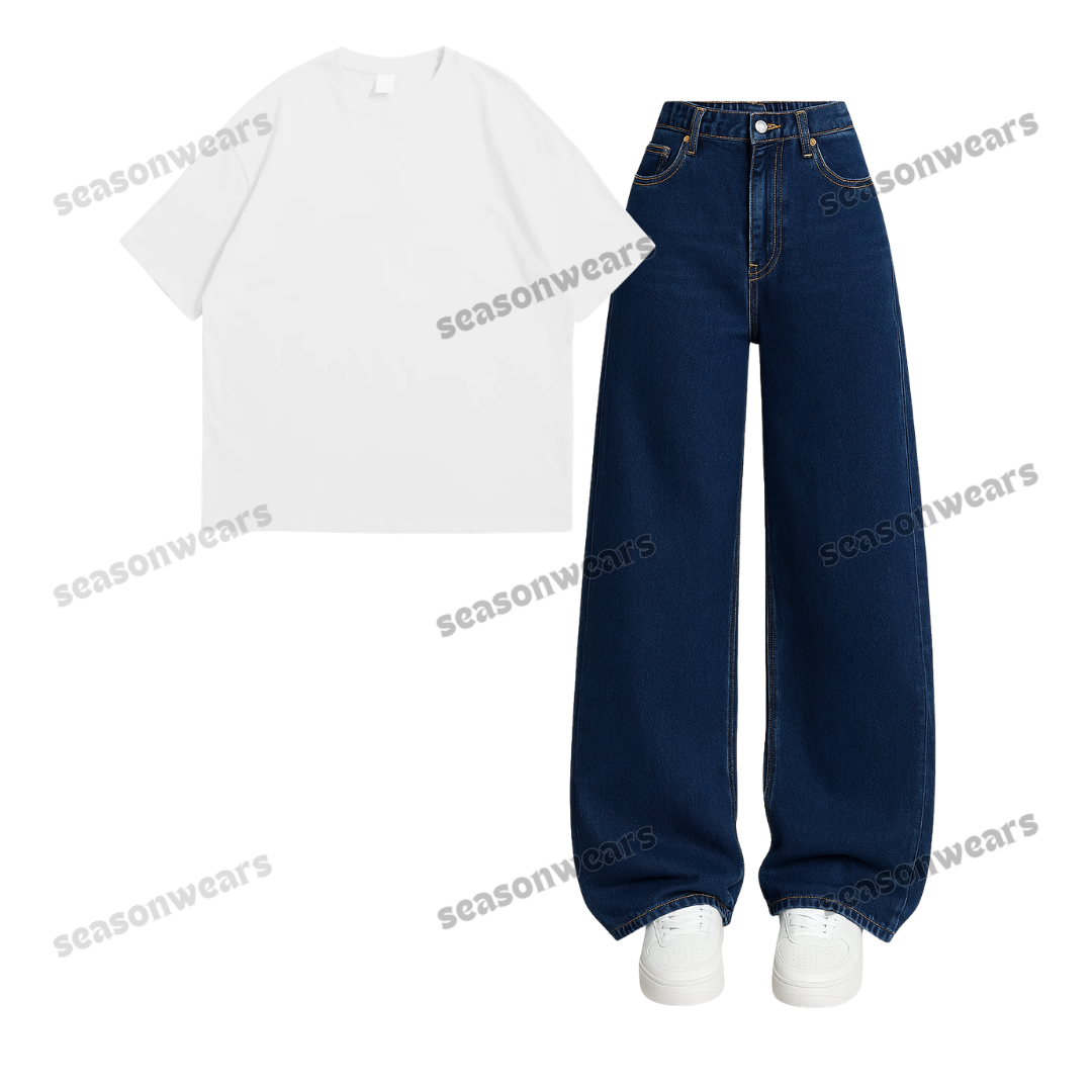 Oversized Drop Shoulder Tee With Darkblue Wide Leg Jeans