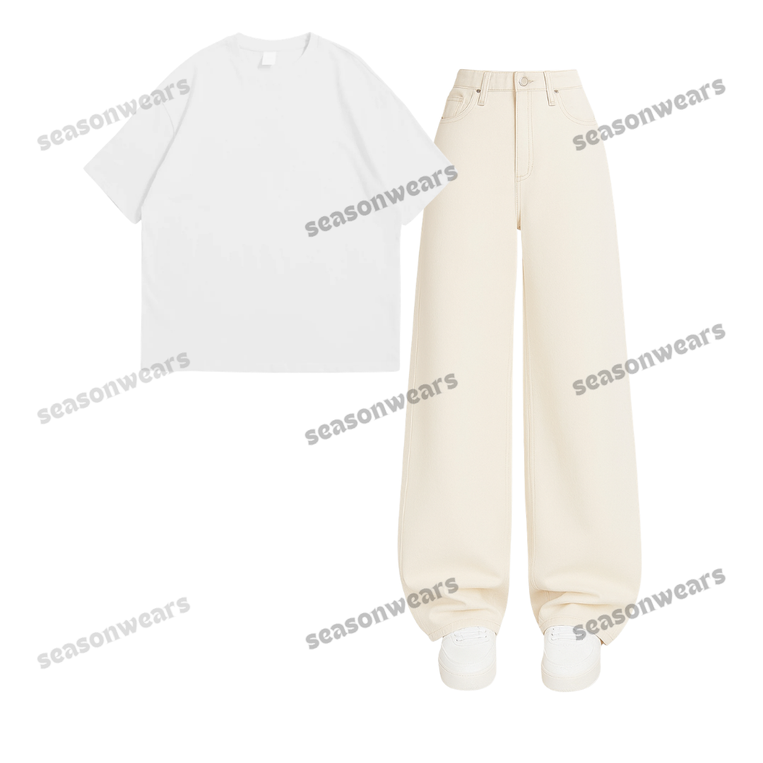 Oversized Drop Shoulder Tee With Beige Wide Leg Jeans
