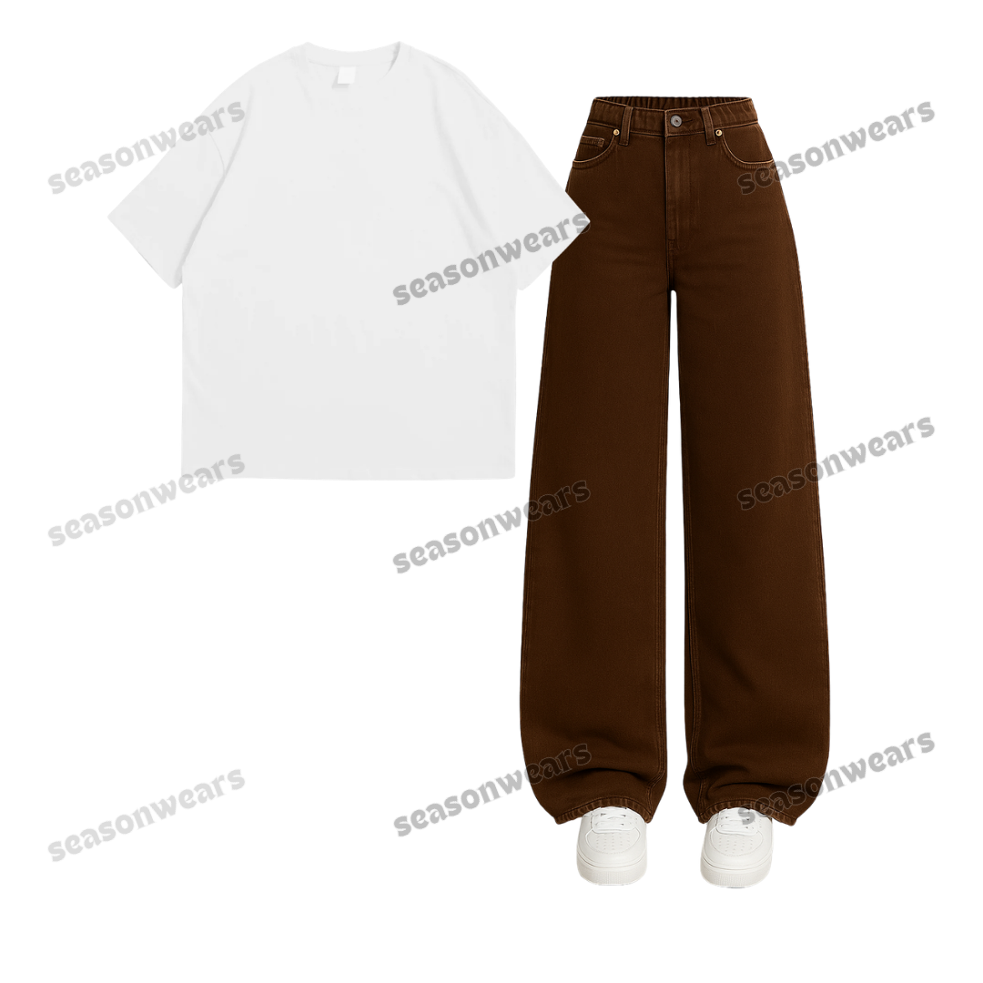 Oversized Drop Shoulder Tee With Brown Wide Leg Jeans