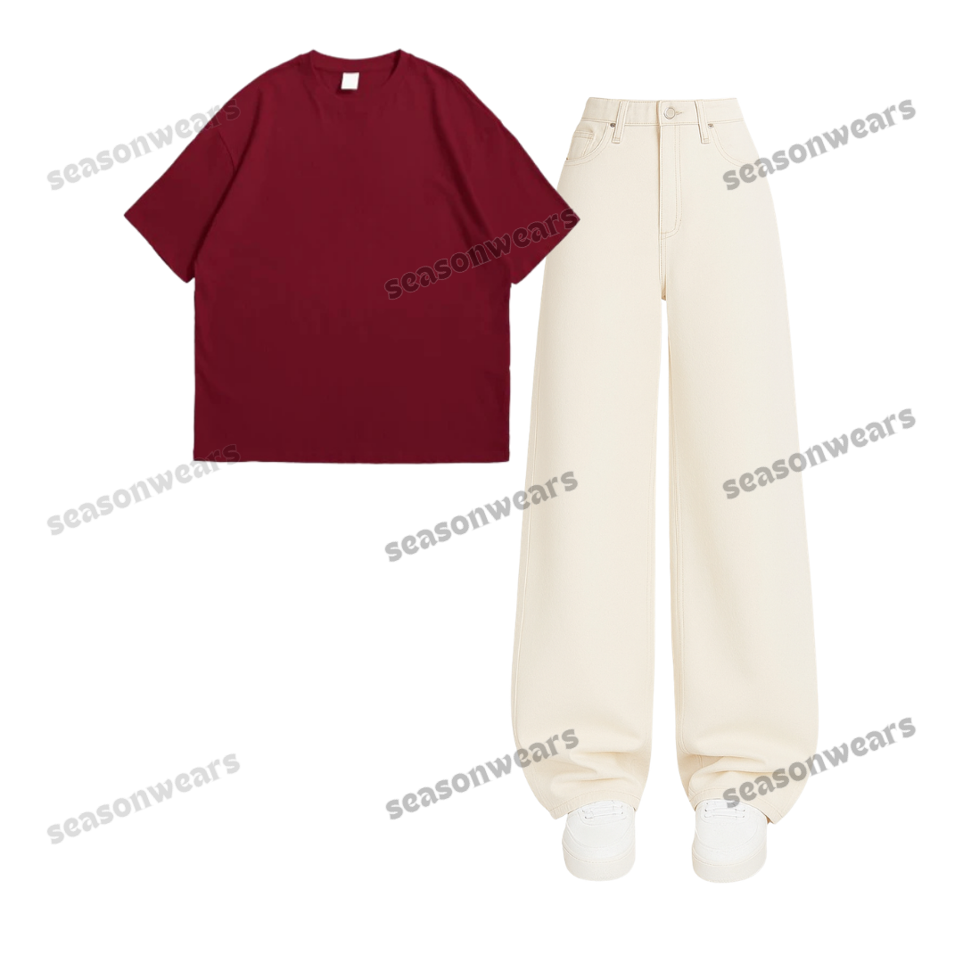 Oversized Drop Shoulder Tee With Beige Wide Leg Jeans