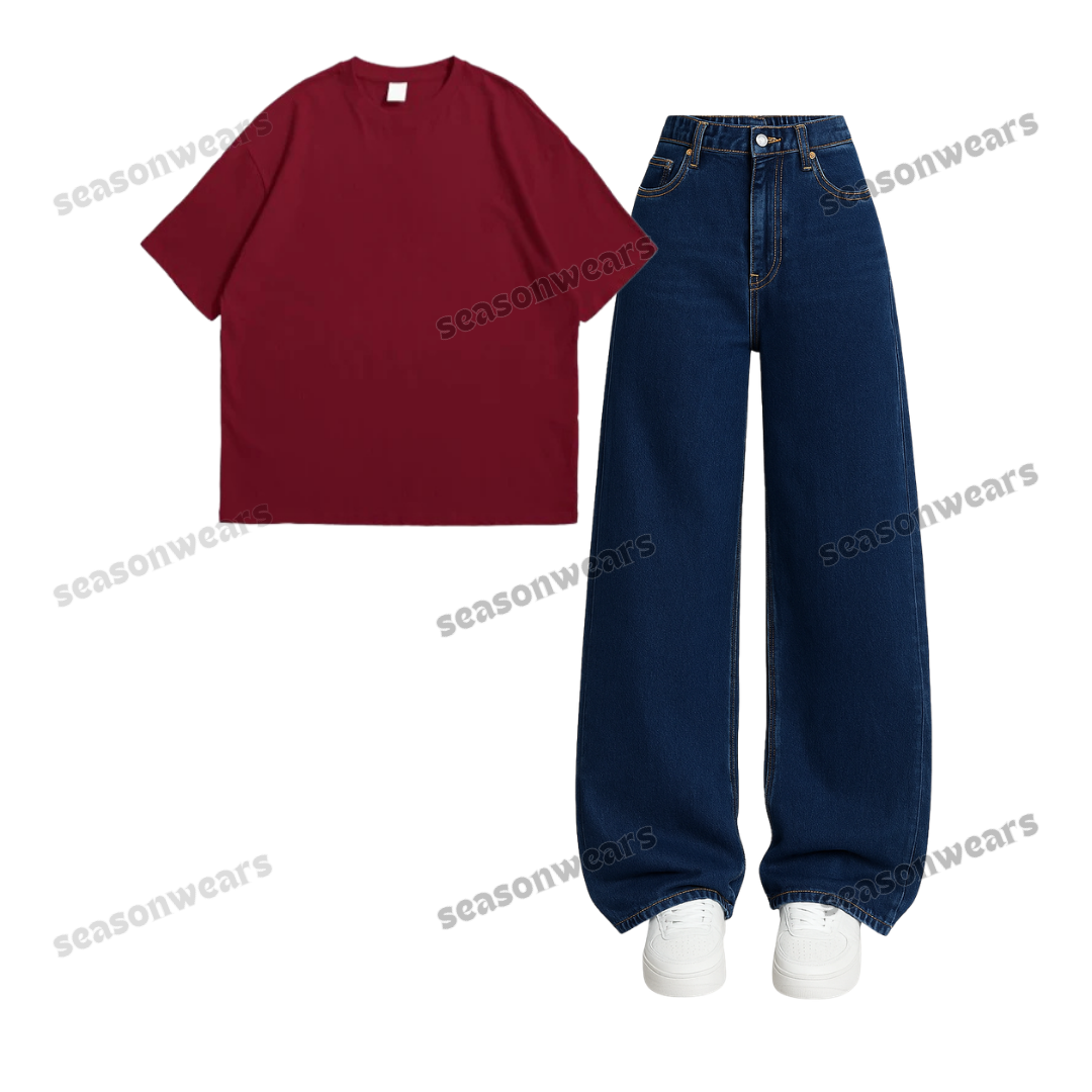 Oversized Drop Shoulder Tee With Darkblue Wide Leg Jeans