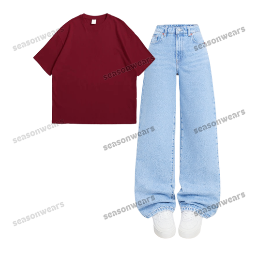 Oversized Drop Shoulder Tee With Iceblue Wide Leg Jeans