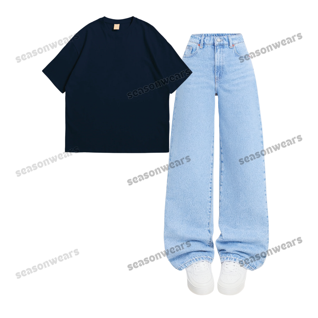 Oversized Drop Shoulder Tee With Iceblue Wide Leg Jeans
