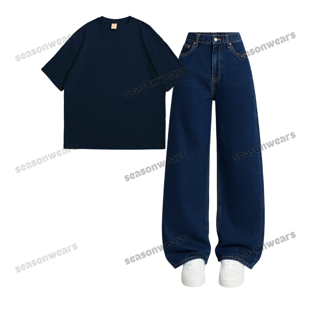 Oversized Drop Shoulder Tee With Darkblue Wide Leg Jeans