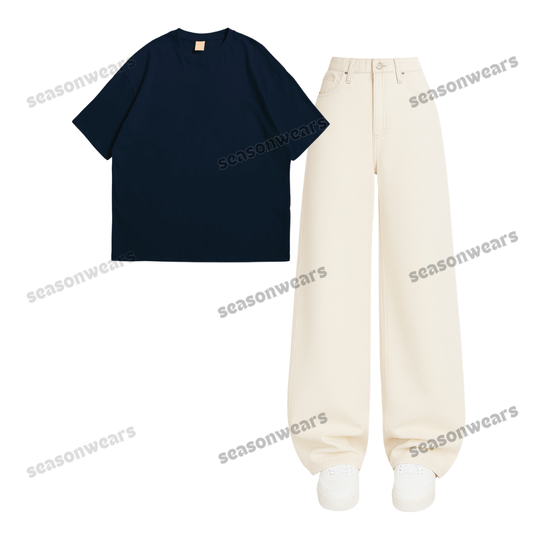 Oversized Drop Shoulder Tee With Beige Wide Leg Jeans