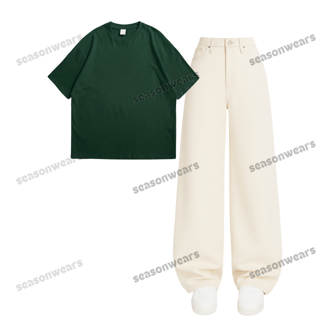 Oversized Drop Shoulder Tee With Beige Wide Leg Jeans