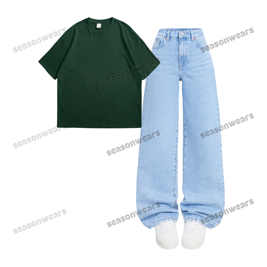 Oversized Drop Shoulder Tee With Iceblue Wide Leg Jeans