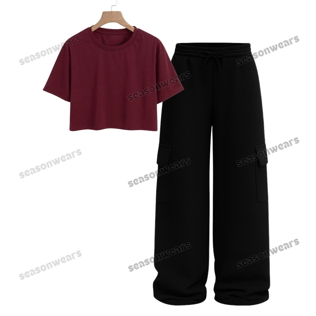 Crop Tee With Black Wide Leg Cargo