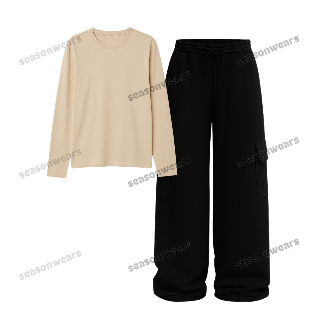 Full Sleeves Tee With Black Wide Leg Cargo