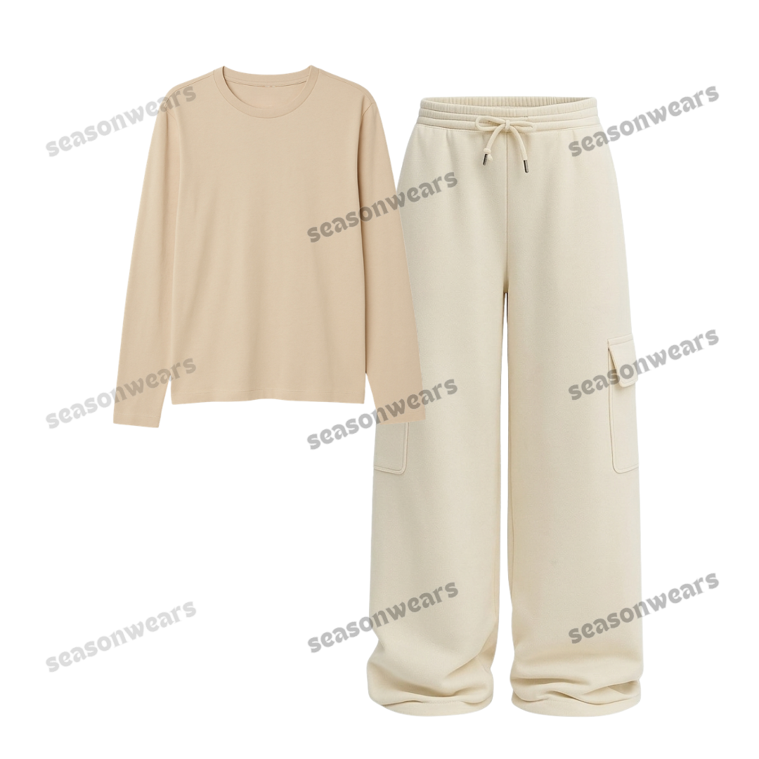 Full Sleeves Tee With Cream Wide Leg Cargo