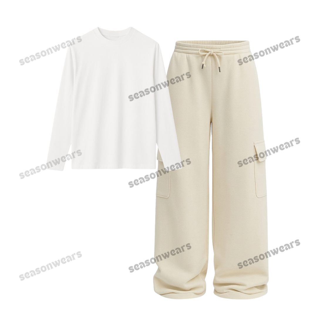 Full Sleeves Tee With Cream Wide Leg Cargo