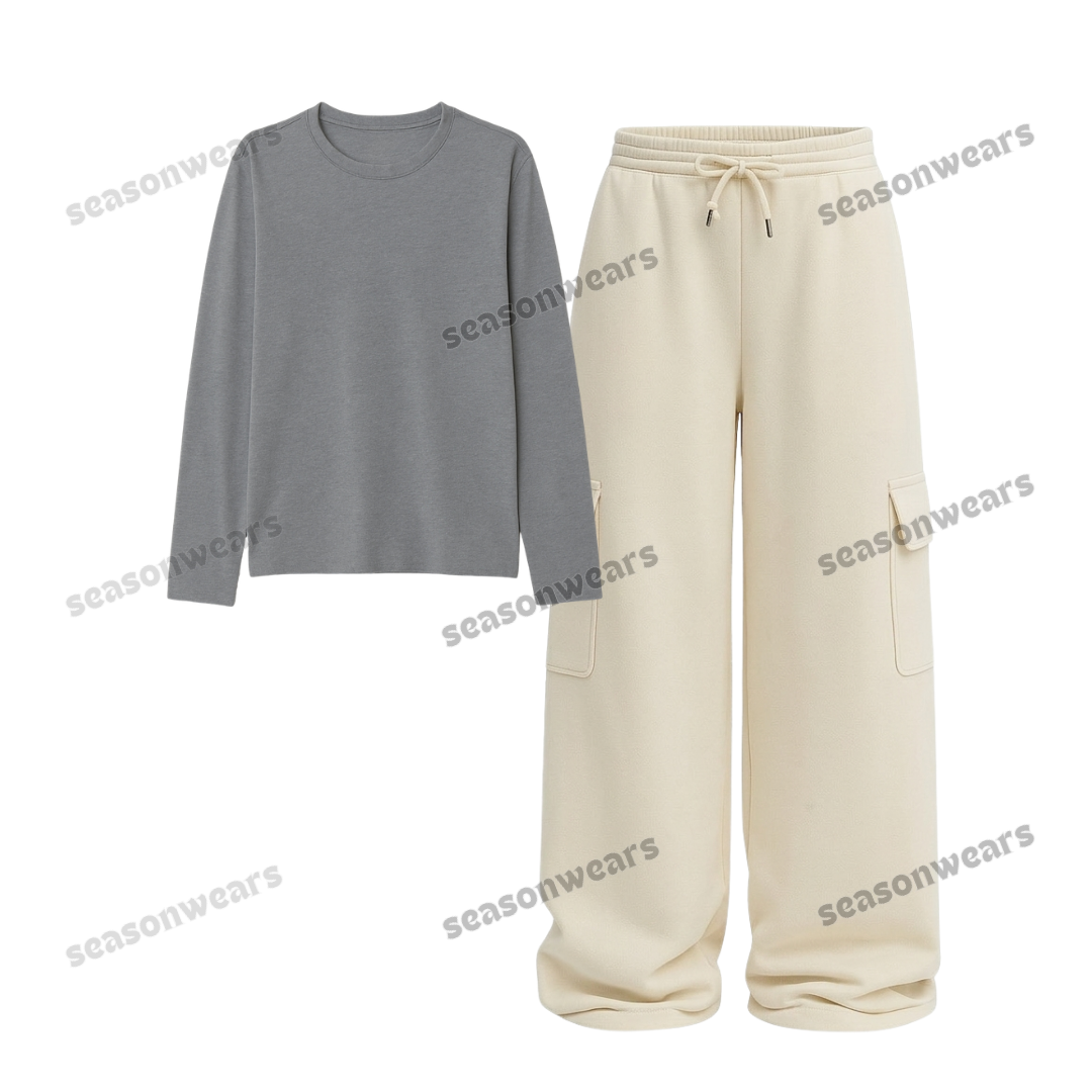 Full Sleeves Tee With Cream Wide Leg Cargo