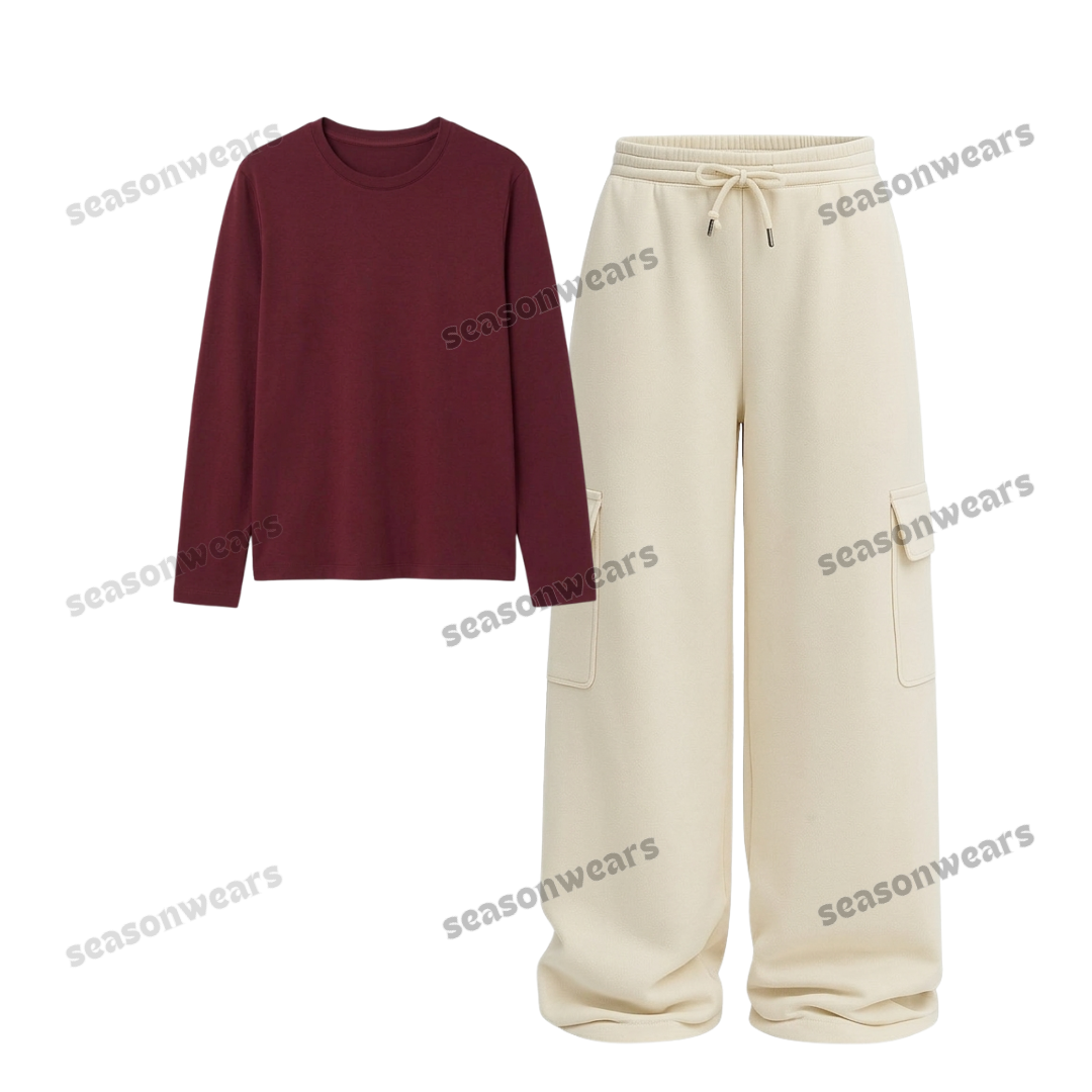 Full Sleeves Tee With Cream Wide Leg Cargo