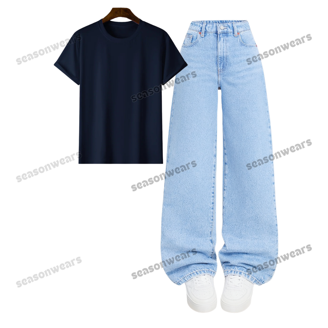 Regular Tee With Iceblue Wide Leg Jeans