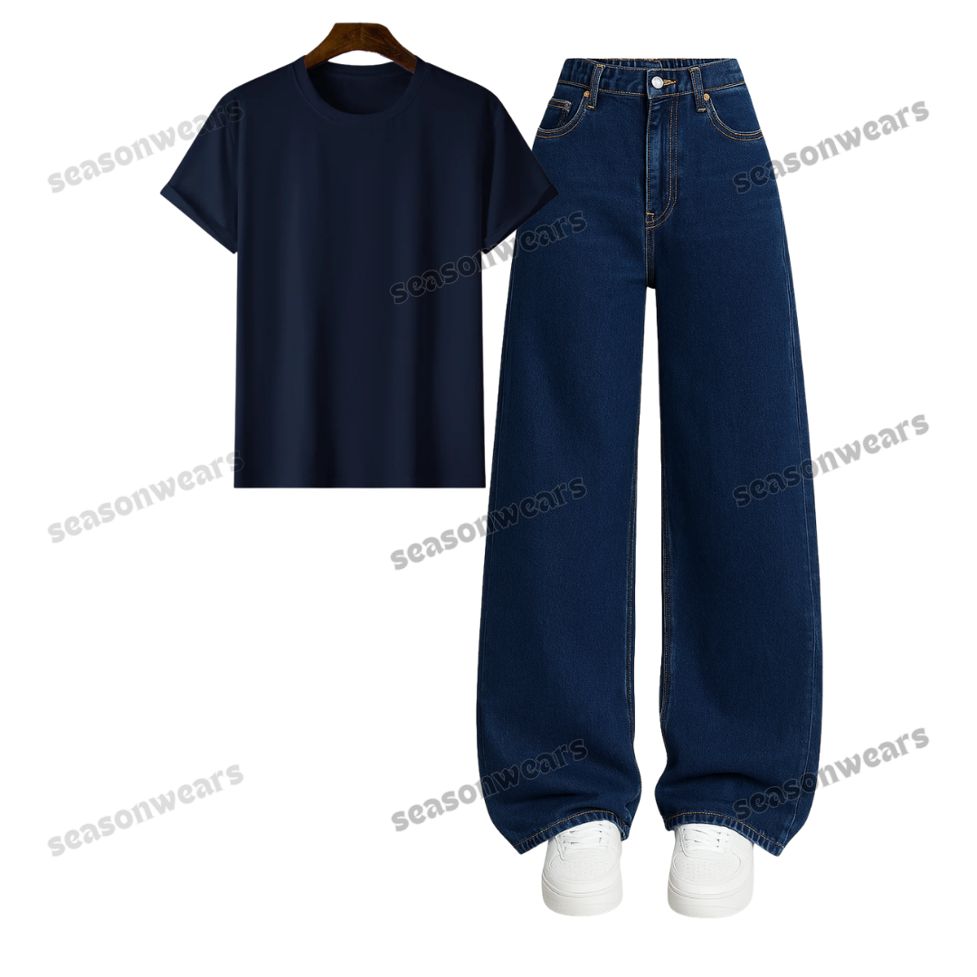 Regular Tee With Darkblue Wide Leg Jeans