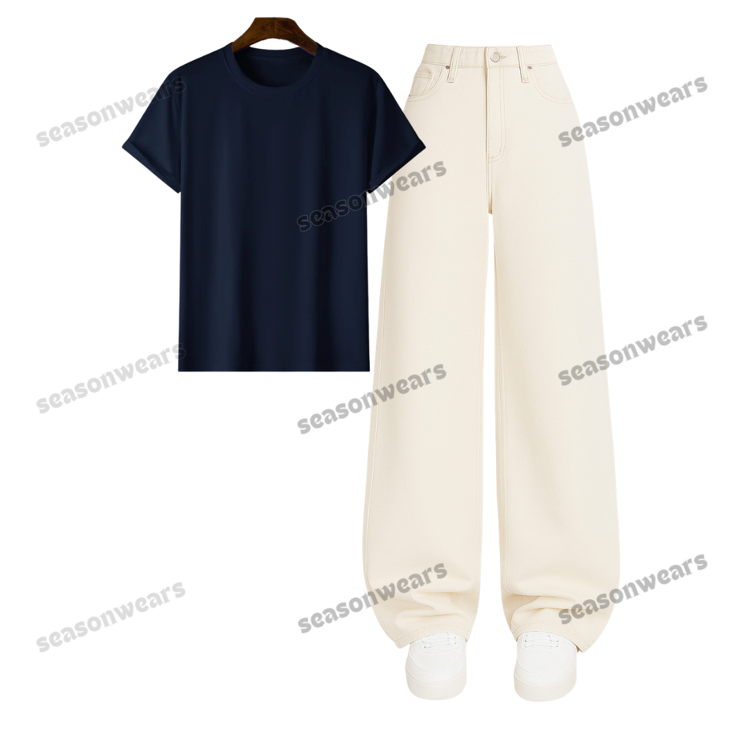 Regular Tee With Beige Wide Leg Jeans