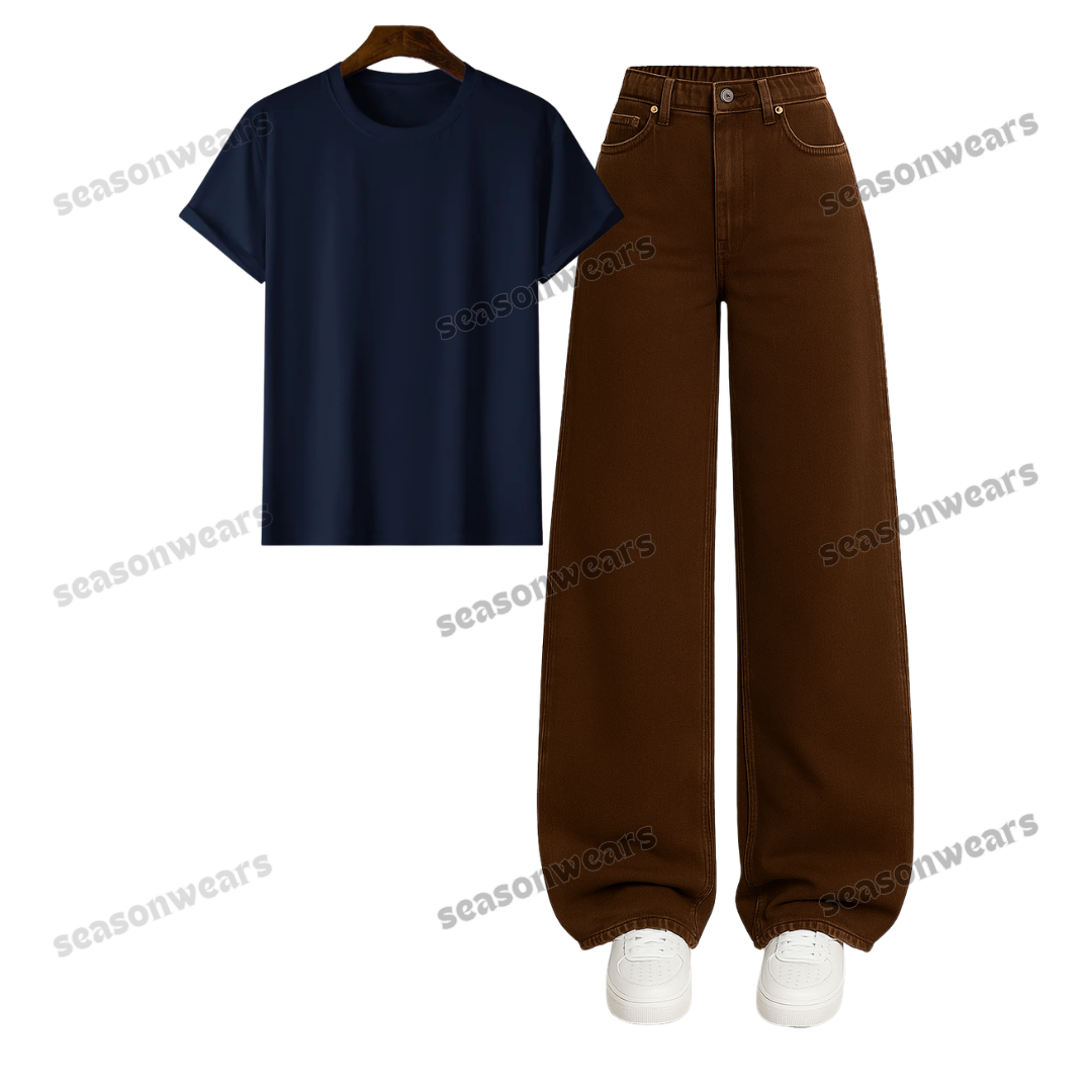 Regular Tee With Brown Wide Leg Jeans