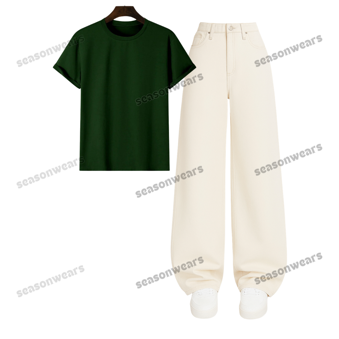 Regular Tee With Beige Wide Leg Jeans