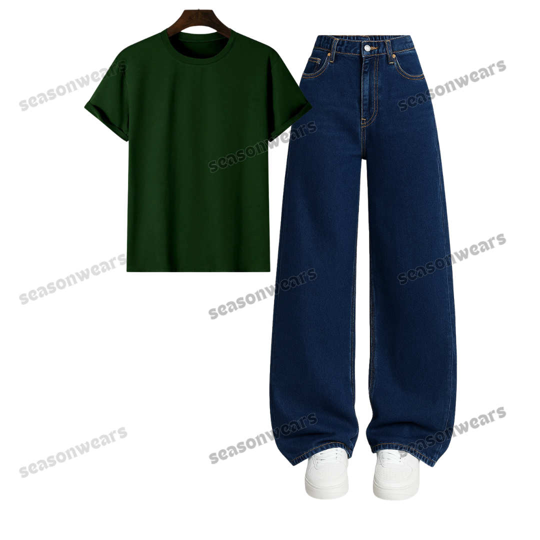 Regular Tee With Darkblue Wide Leg Jeans
