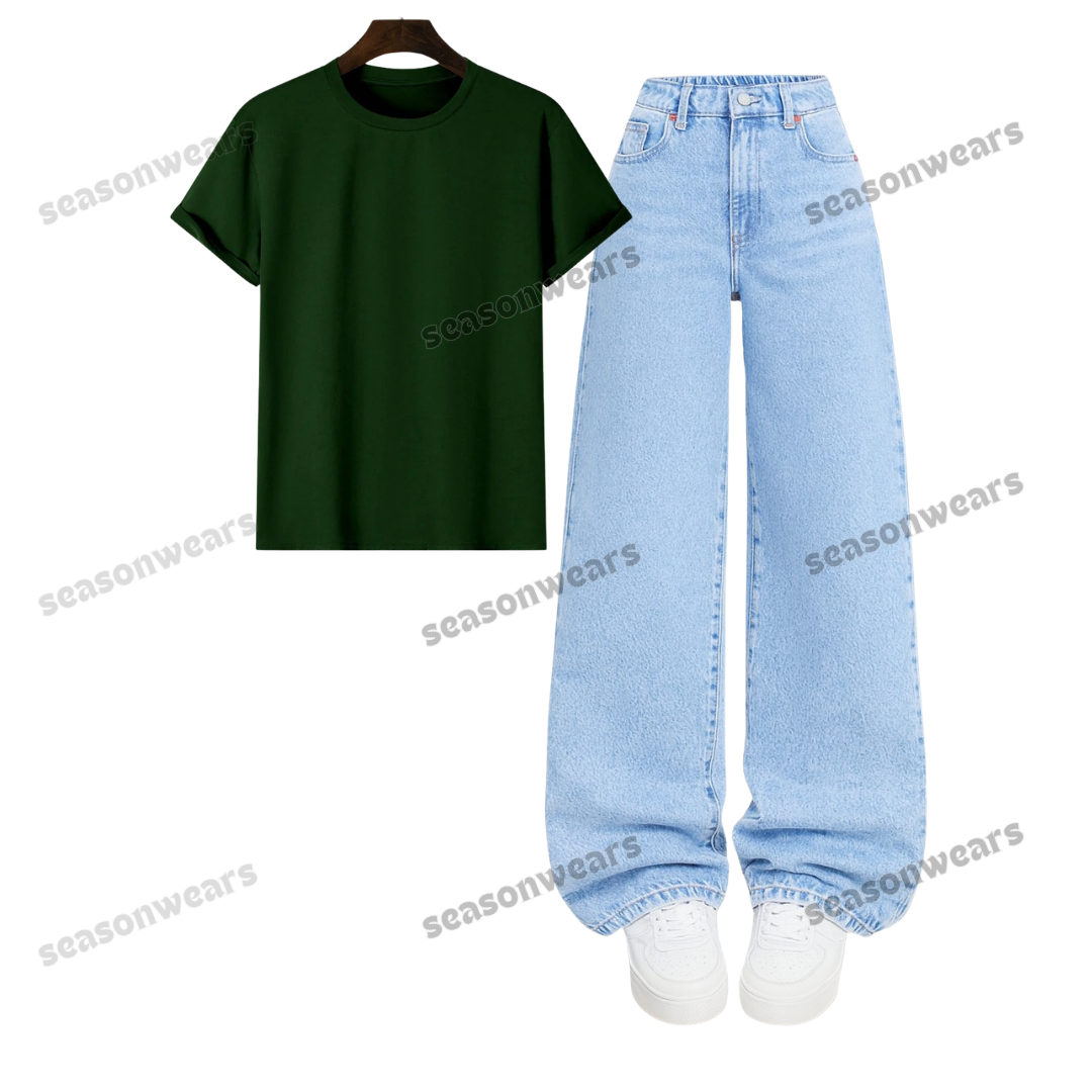 Regular Tee With Iceblue Wide Leg Jeans