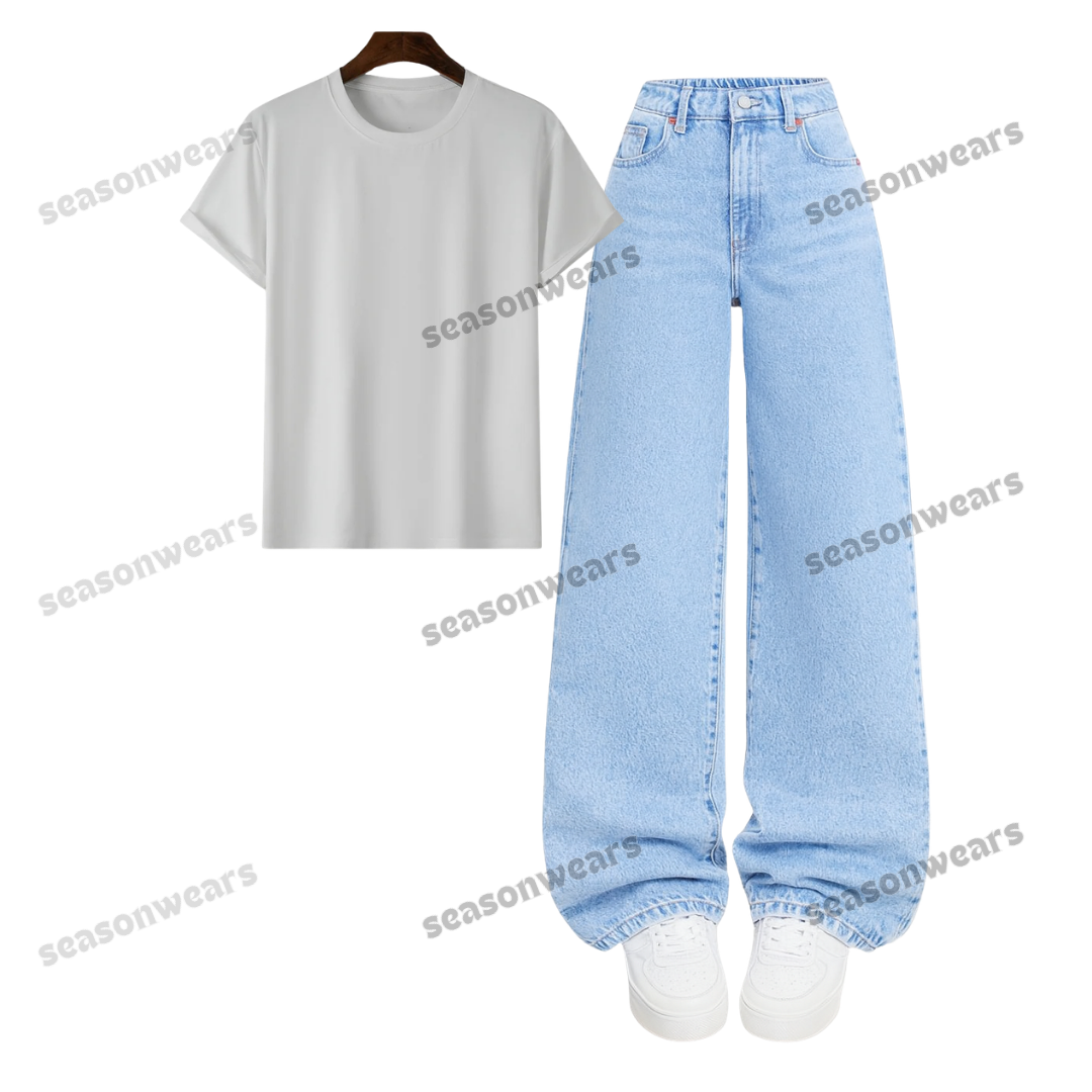 Regular Tee With Iceblue Wide Leg Jeans