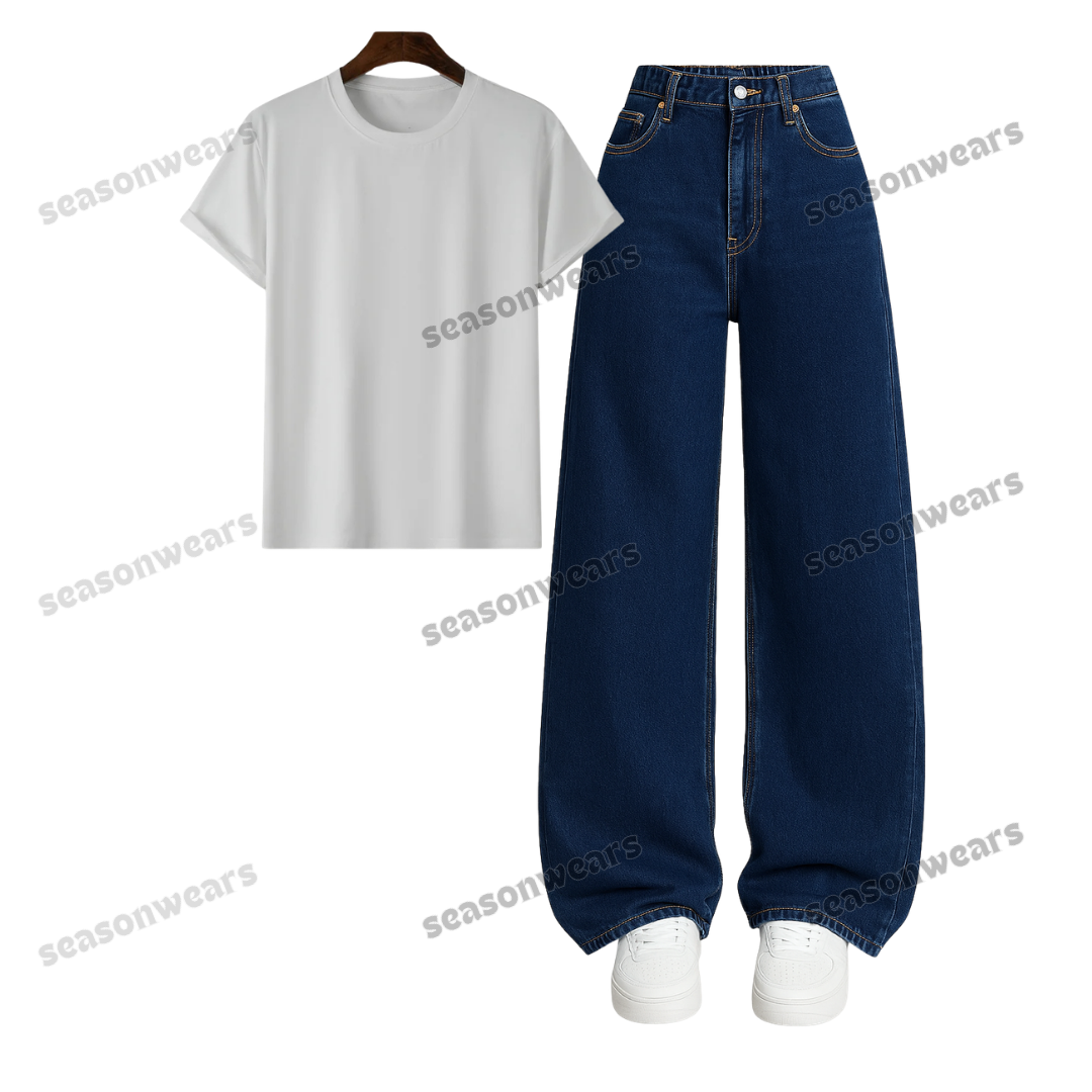 Regular Tee With Darkblue Wide Leg Jeans