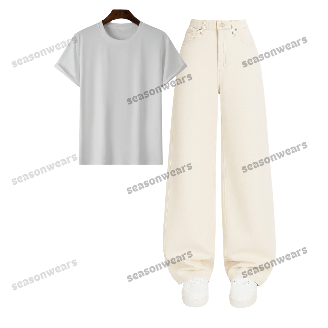 Regular Tee With Beige Wide Leg Jeans