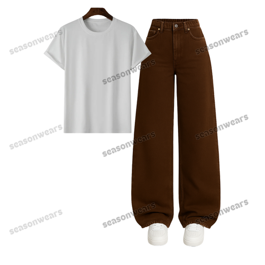 Regular Tee With Brown Wide Leg Jeans
