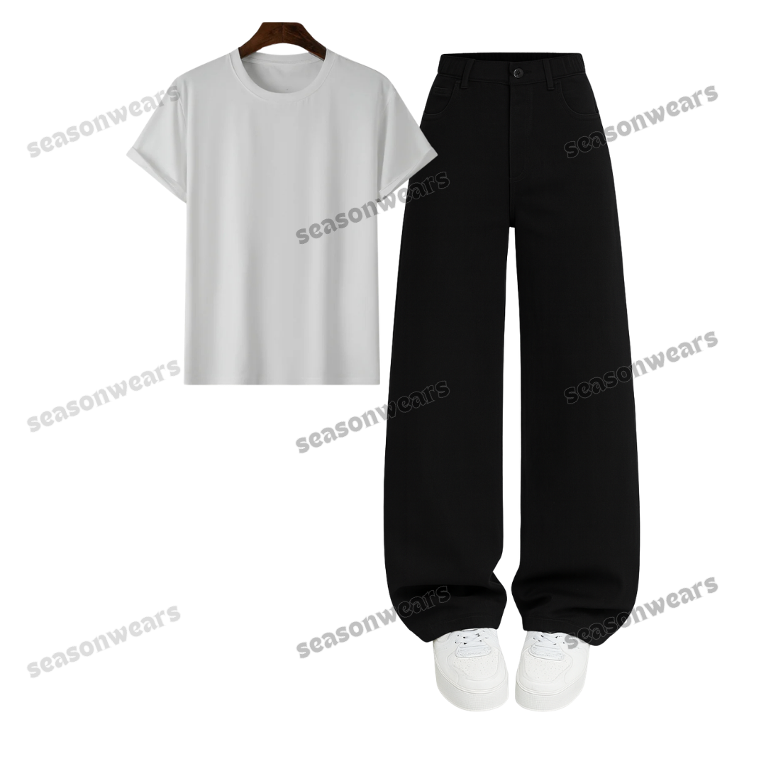 Regular Tee With Black Wide Leg Jeans
