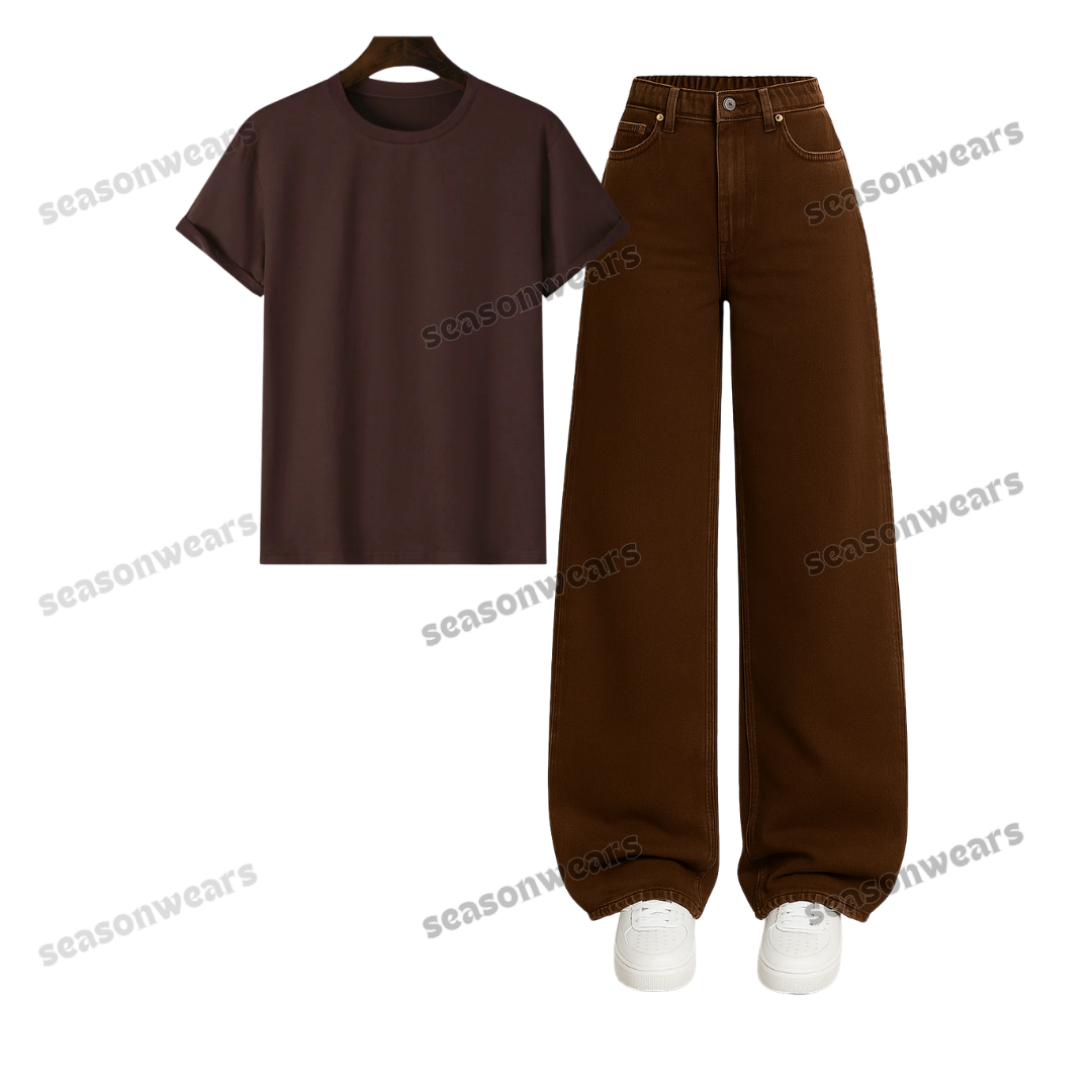 Regular Tee With Brown Wide Leg Jeans