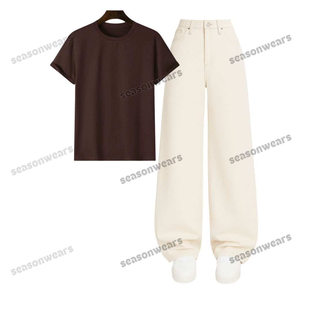Regular Tee With Beige Wide Leg Jeans