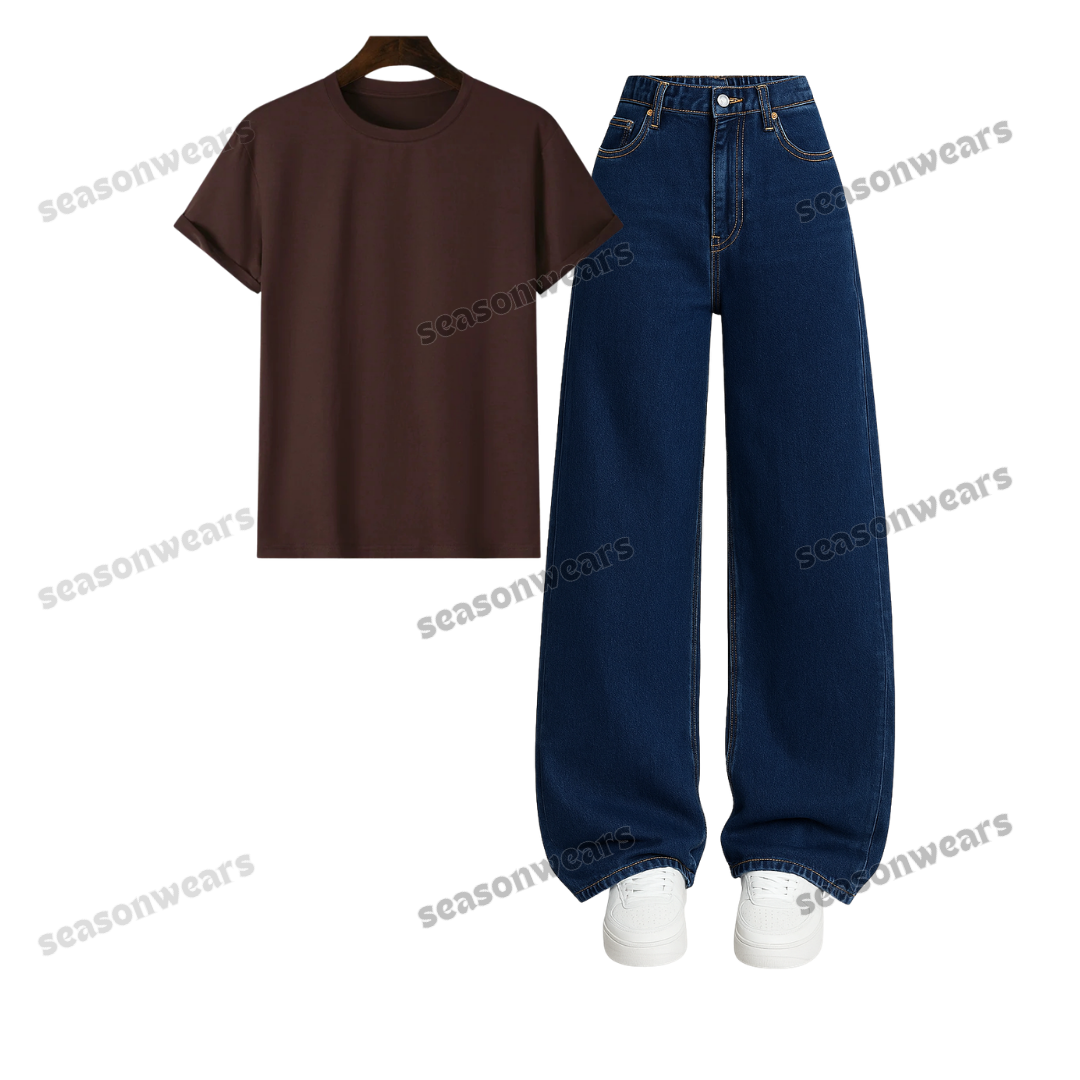 Regular Tee With Darkblue Wide Leg Jeans