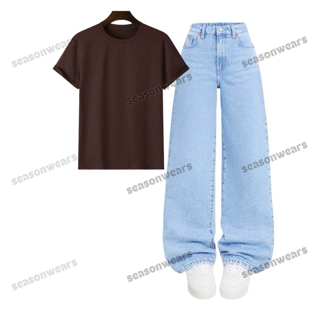 Regular Tee With Iceblue Wide Leg Jeans