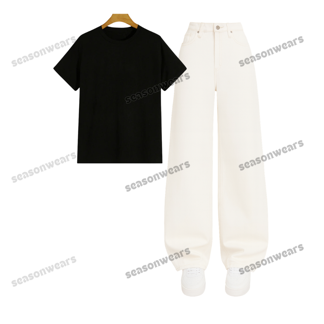 Regular Tee With White Wide Leg Jeans