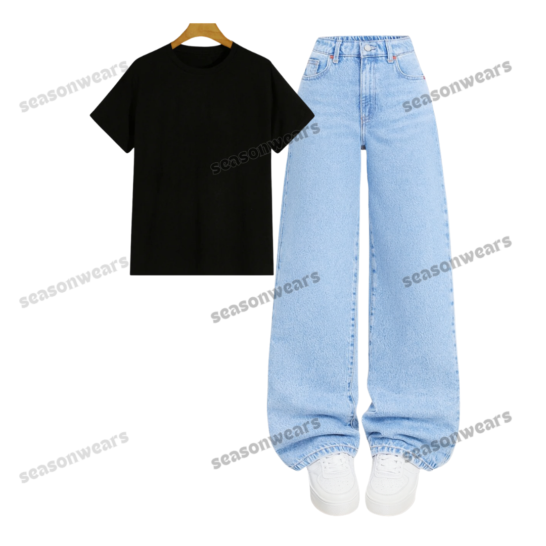Regular Tee With Iceblue Wide Leg Jeans