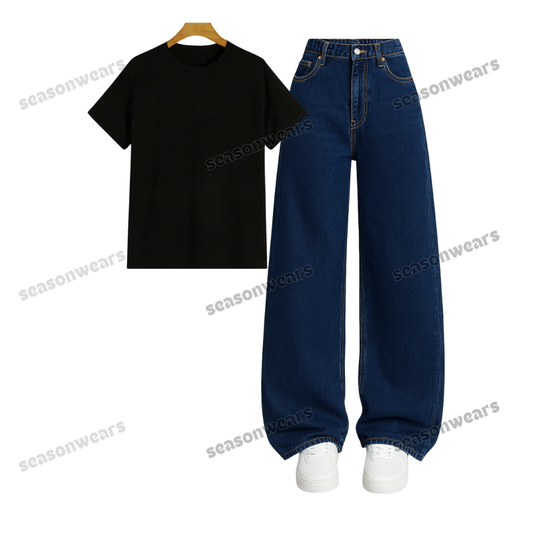 Regular Tee With Darkblue Wide Leg Jeans