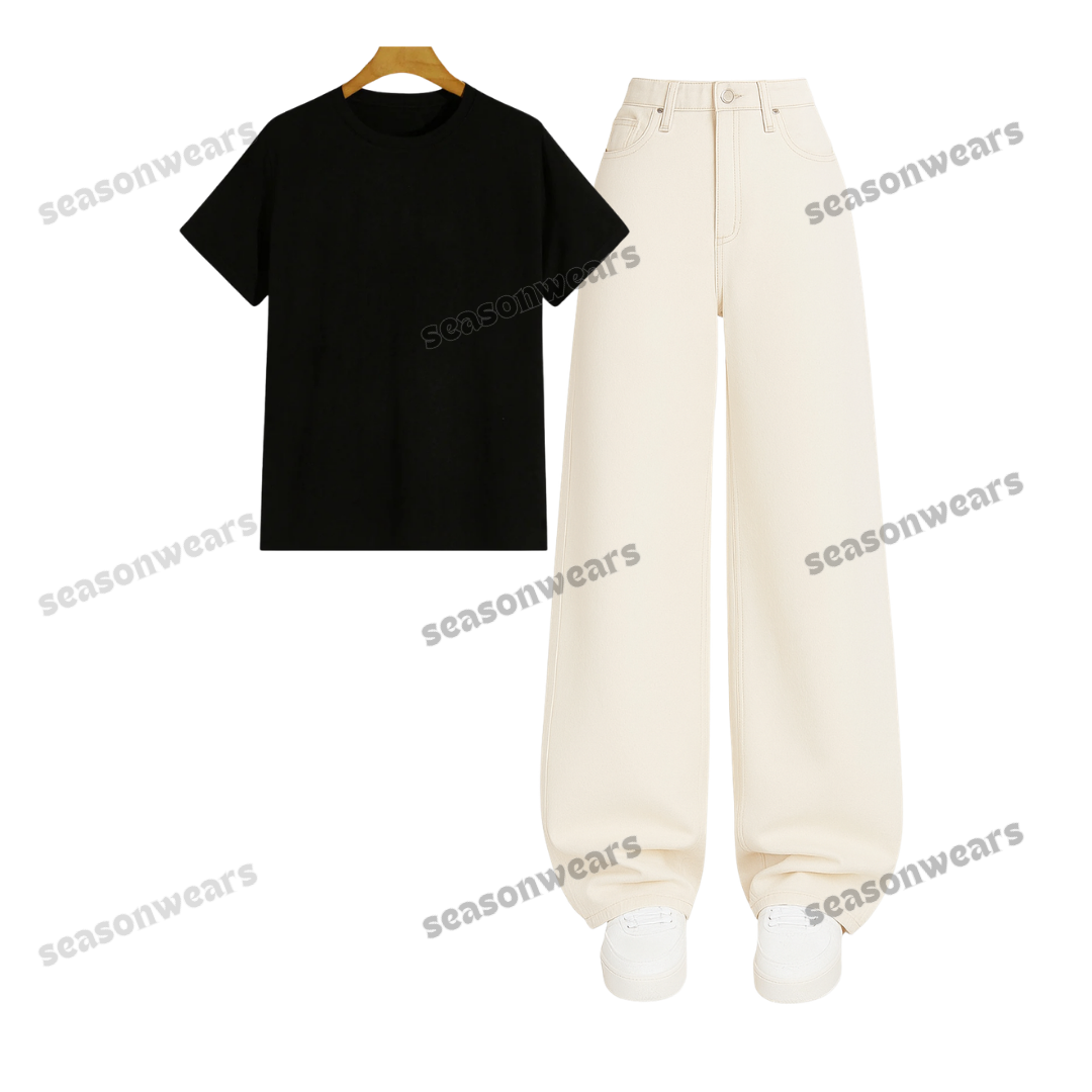 Regular Tee With Beige Wide Leg Jeans