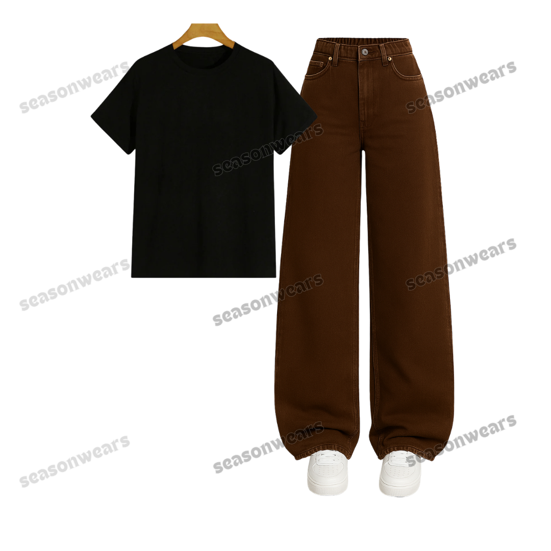 Regular Tee With Brown Wide Leg Jeans