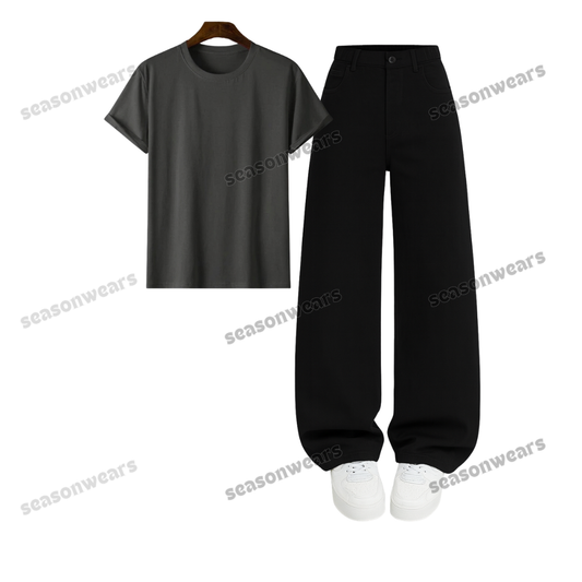Regular Tee With Black Wide Leg Jeans