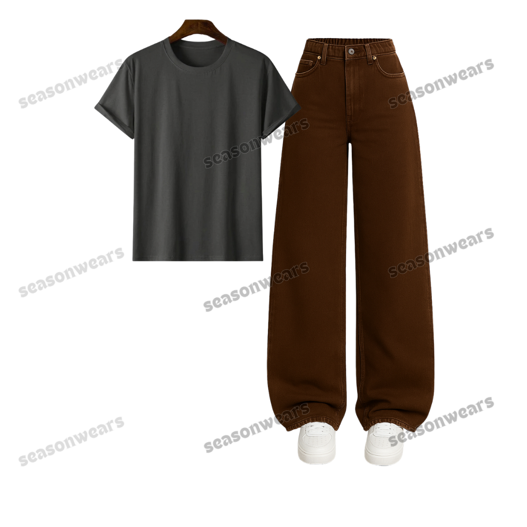 Regular Tee With Brown Wide Leg Jeans