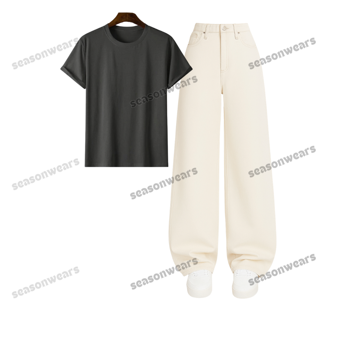 Regular Tee With Beige Wide Leg Jeans